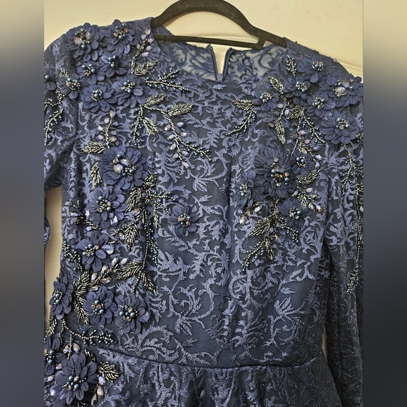 Mac Duggal Embellished Illusion Long Sleeve A Line Gown Navy Sz 4 NWT a11121 - Picture 4 of 14